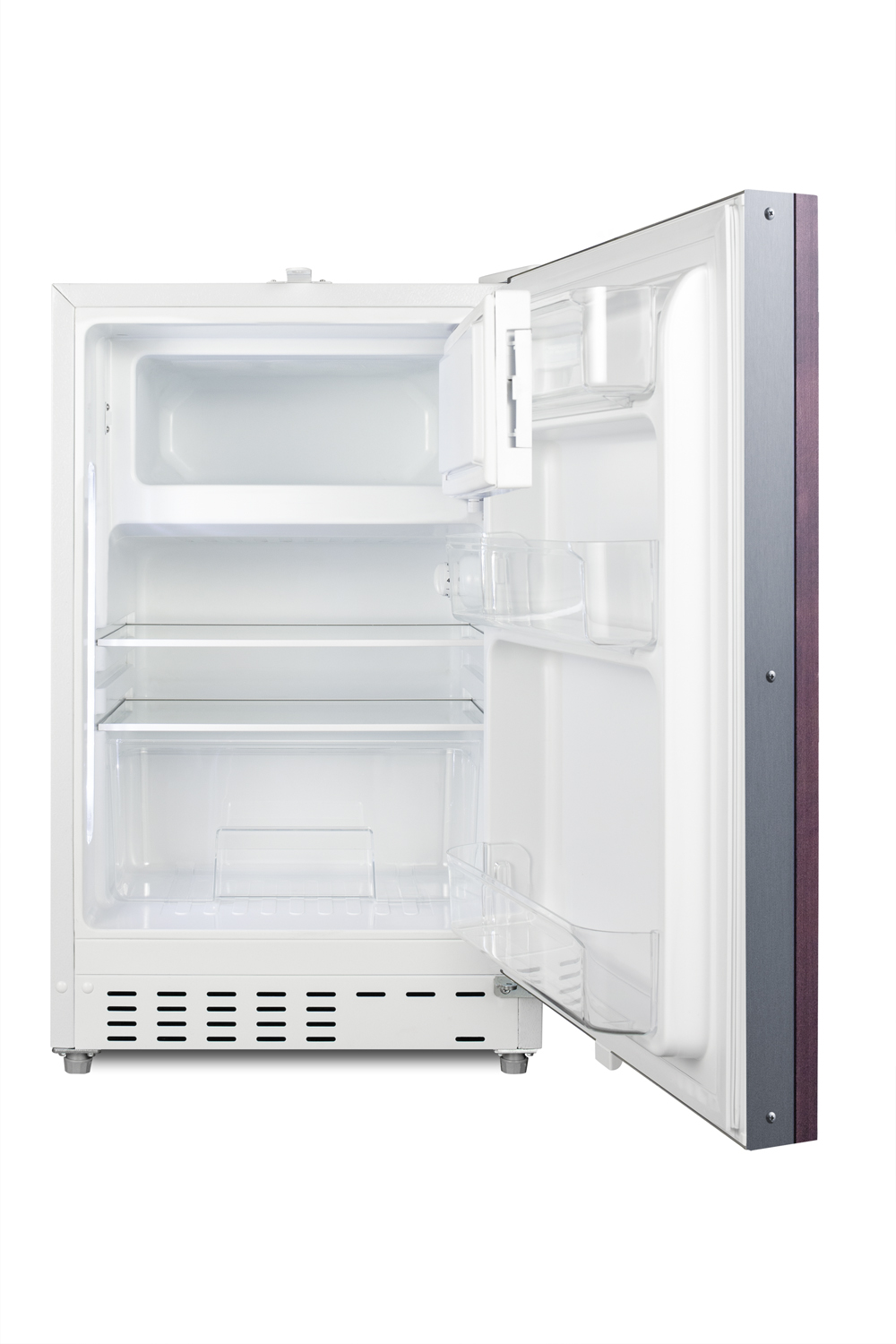 Built-in undercounter ADA compliant refrigerator-freezer in white with a panel-ready door for residential use, manual defrost with glass shelves, and door storage
